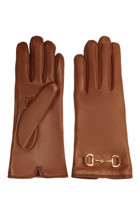 Женские кожаные перчатки GUCCI коричневого цвета, арт. 603635/BAP00 | Фото 2 (Материал: Натуральная кожа)