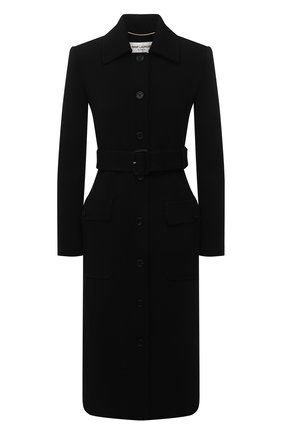 Женское шерстяное пальто SAINT LAURENT черного цвета, арт. 658324/Y288V | Фото 1 (Материал внешний: Шерсть; Стили: Кэжуэл; Рукава: Длинные; 1-2-бортные: Однобортные; Материал подклада: Шелк; Длина (верхняя одежда): Длинные)