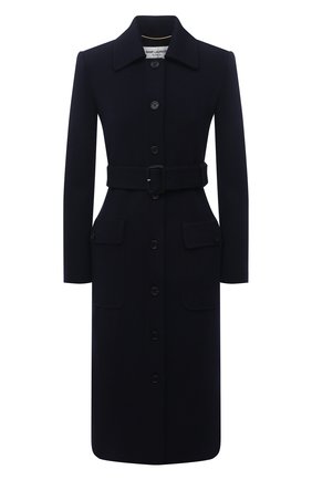 Женское шерстяное пальто SAINT LAURENT темно-синего цвета, арт. 658324/Y288V | Фото 1 (Материал внешний: Шерсть; Материал подклада: Шелк; Рукава: Длинные; 1-2-бортные: Однобортные; Стили: Кэжуэл; Длина (верхняя одежда): Длинные)