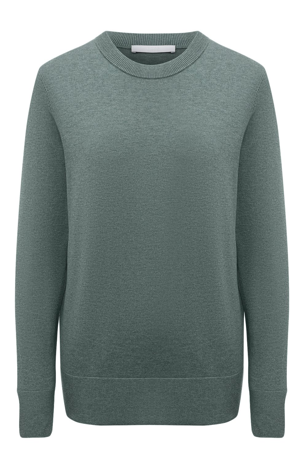 Женский хлопковый пуловер BOSS зеленого цвета, арт. 50436149 | Фото 1 (Рукава: Длинные; Длина (для топов): Стандартные; Материал внешний: Хлопок; Женское Кросс-КТ: Пуловер-одежда; Стили: Кэжуэл)