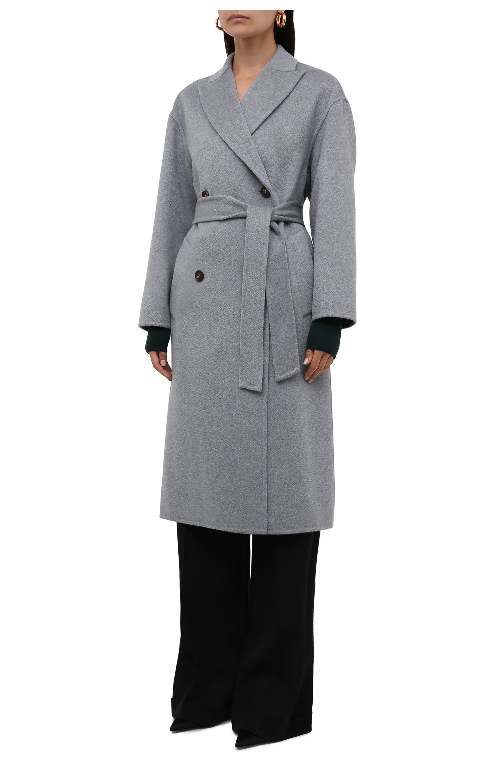 Женское кашемировое пальто BRUNELLO CUCINELLI голубого цвета, арт. MD5039681 | Фото 3 (Материал внешний: Шерсть, Кашемир; Рукава: Длинные; Длина (верхняя одежда): Длинные; 1-2-бортные: Двубортные; Стили: Кэжуэл)