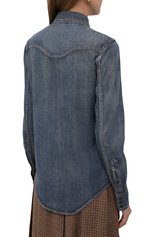 Женская джинсовая рубашка SAINT LAURENT голубого цвета, арт. 656792/Y24AA | Фото 4 (Рукава: Длинные; Стили: Гламурный; Кросс-КТ: Деним; Принт: Без принта; Женское Кросс-КТ: Рубашка-одежда; Длина (для топов): Удлиненные; Материал внешний: Хлопок, Деним)