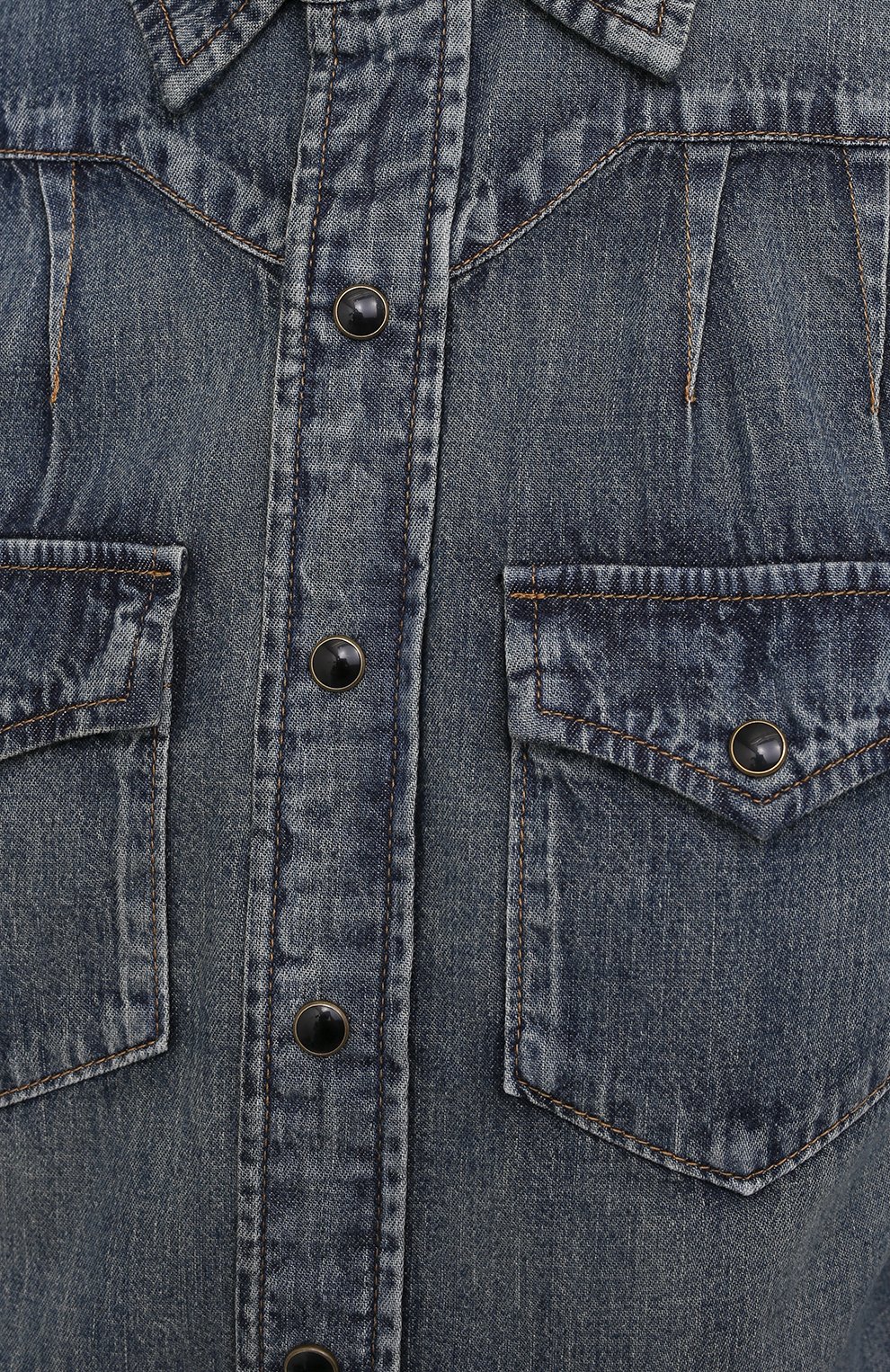 Женская джинсовая рубашка SAINT LAURENT голубого цвета, арт. 656792/Y24AA | Фото 5 (Рукава: Длинные; Стили: Гламурный; Кросс-КТ: Деним; Принт: Без принта; Женское Кросс-КТ: Рубашка-одежда; Длина (для топов): Удлиненные; Материал внешний: Хлопок, Деним)