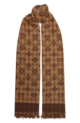 Мужской хлопковый шарф GUCCI коричневого цвета, арт. 662446/4G114 | Фото 1 (Материал: Текстиль, Хлопок; Кросс-КТ: другое; Мужское Кросс-КТ: Шарфы - с бахромой)