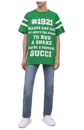 Мужская хлопковая футболка GUCCI зеленого цвета по цене 45950 руб., арт. 655459/XJDJP | Фото 2 Мужская хлопковая футболка GUCCI зеленого цвета, арт. 655459/XJDJP | Фото 2