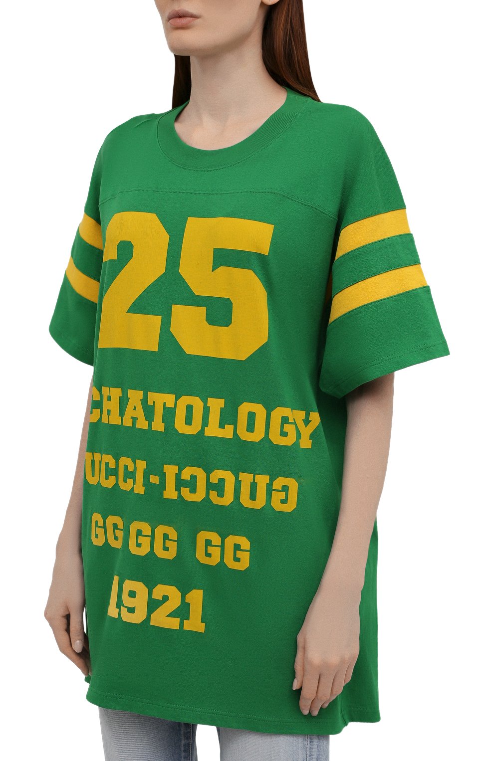 Женская хлопковая футболка GUCCI зеленого цвета, арт. 660744/XJDHG | Фото 3 (Рукава: Короткие; Принт: С принтом; Длина (для топов): Удлиненные; Материал внешний: Хлопок; Стили: Спорт-шик; Женское Кросс-КТ: Футболка-одежда)