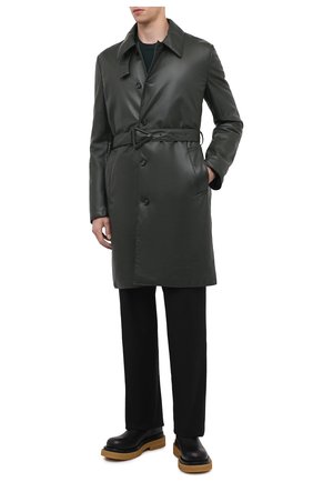 Мужской кожаное пальто BOTTEGA VENETA темно-зеленого цвета, арт. 668634/V16H0 | Фото 2 (Длина (верхняя одежда): До колена; Рукава: Длинные; Материал подклада: Хлопок; Мужское Кросс-КТ: пальто-верхняя одежда; Стили: Кэжуэл; Материал внешний: Натуральная кожа)