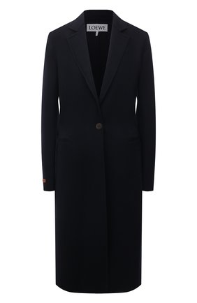 Женское пальто из шерсти и кашемира LOEWE темно-синего цвета, арт. S359336XCR | Фото 1 (Длина (верхняя одежда): До колена; Рукава: Длинные; Материал внешний: Шерсть; Стили: Кэжуэл; 1-2-бортные: Однобортные)