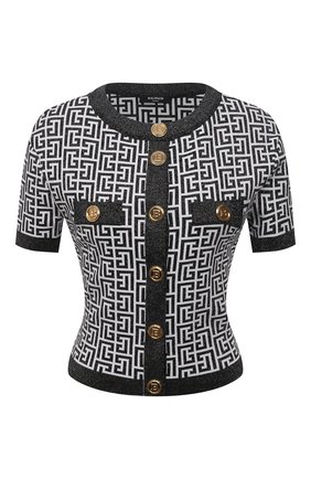 Женский кардиган BALMAIN черно-белого цвета по цене 95800 руб., арт. WF1KL020/K272 | Фото 1 Женский кардиган BALMAIN черно-белого цвета, арт. WF1KL020/K272 | Фото 1 (Рукава: Короткие; Длина (для топов): Укороченные; Стили: Гламурный; Материал внешний: Вискоза; Женское Кросс-КТ: кардиган-трикотаж)
