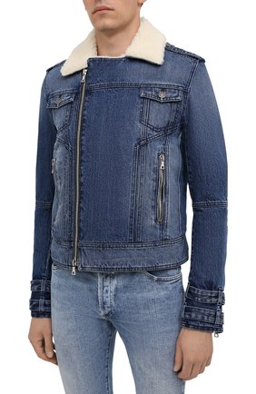 Мужская джинсовая куртка BALMAIN синего цвета, арт. WH1TD125/144D | Фото 3 (Кросс-КТ: Куртка, Деним; Материал утеплителя: Шерсть; Рукава: Длинные; Стили: Гранж; Материал внешний: Хлопок, Деним; Длина (верхняя одежда): Короткие)