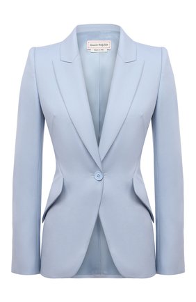 Женский шерстяной жакет ALEXANDER MCQUEEN светло-голубого цвета по цене 142500 руб., арт. 585442/QJACB | Фото 1 Женский шерстяной жакет ALEXANDER MCQUEEN светло-голубого цвета, арт. 585442/QJACB | Фото 1 (Материал внешний: Шерсть; Рукава: Длинные; Длина (для топов): Стандартные; Материал подклада: Купро; Случай: Повседневный; Женское Кросс-КТ: Жакет-одежда; 1-2-бортные: Однобортные; Стили: Гламурный)