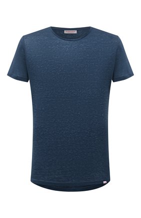 Мужская льняная футболка ORLEBAR BROWN темно-синего цвета, арт. 273700 | Фото 1 (Рукава: Короткие; Длина (для топов): Стандартные; Материал внешний: Лен; Принт: Без принта; Стили: Кэжуэл; Кросс-КТ: Пляж)