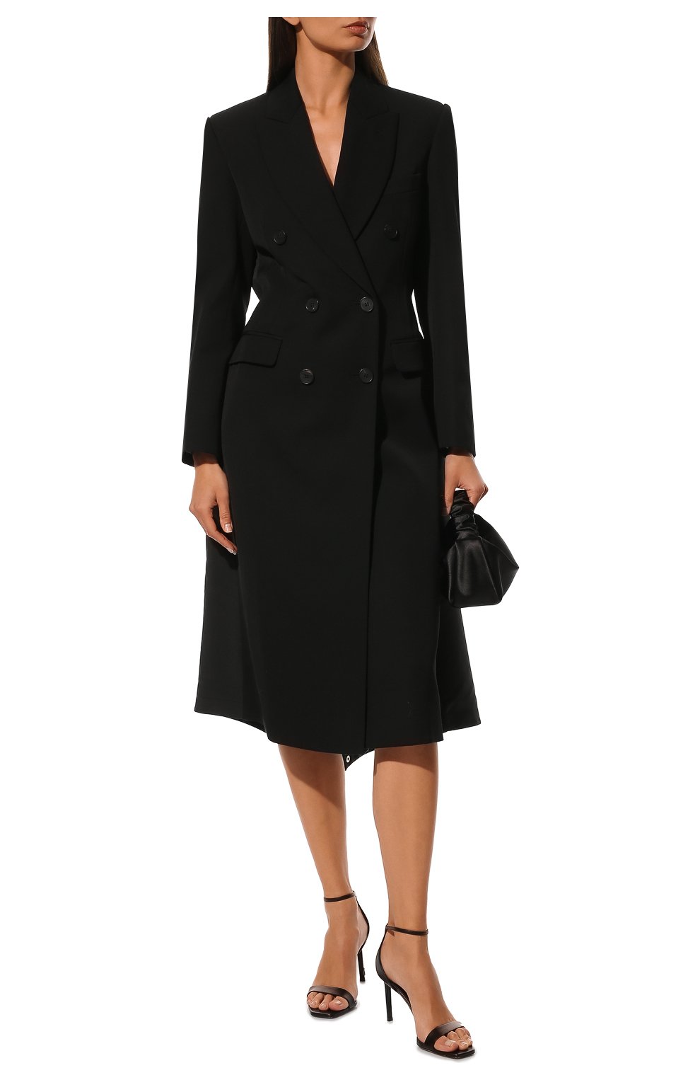 Женское шерстяное пальто ALEXANDER MCQUEEN черного цвета, арт. 661718/QJACH | Фото 2 (Материал внешний: Шерсть; Рукава: Длинные; Стили: Гламурный; Длина (верхняя одежда): Длинные; 1-2-бортные: Двубортные; Материал подклада: Купро)