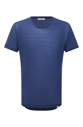 Мужская льняная футболка ORLEBAR BROWN синего цвета, арт. 274190 | Фото 1 (Рукава: Короткие; Материал внешний: Лен; Длина (для топов): Стандартные; Принт: Без принта; Стили: Кэжуэл)