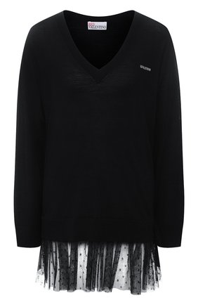 Женский шерстяной пуловер REDVALENTINO черного цвета по цене 33350 руб., арт. WR3KC09L/64N | Фото 1 Женский шерстяной пуловер REDVALENTINO черного цвета, арт. WR3KC09L/64N | Фото 1 (Длина (для топов): Удлиненные; Материал внешний: Шерсть; Рукава: Длинные; Женское Кросс-КТ: Пуловер-одежда; Стили: Романтичный)