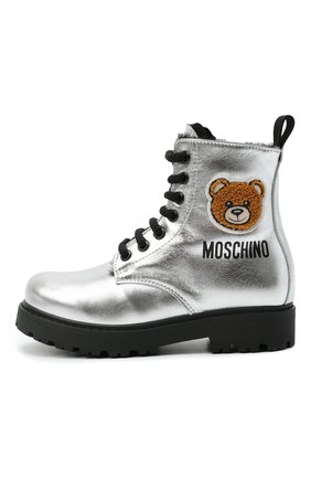 Детские кожаные ботинки MOSCHINO серебряного цвета по цене 27200 руб., арт. 68927/LAMINAT0/28-35 | Фото 2 Детские кожаные ботинки MOSCHINO серебряного цвета, арт. 68927/LAMINAT0/28-35 | Фото 2 (Материал утеплителя: Натуральный мех)