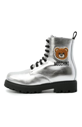 Детские кожаные ботинки MOSCHINO серебряного цвета по цене 29600 руб., арт. 68927/LAMINAT0/36-41 | Фото 2 Детские кожаные ботинки MOSCHINO серебряного цвета, арт. 68927/LAMINAT0/36-41 | Фото 2 (Материал утеплителя: Натуральный мех; Материал внешний: Кожа)