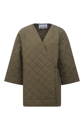 Женская стеганая куртка GANNI хаки цвета, арт. F6098 | Фото 1 (Длина (верхняя одежда): Короткие; Материал внешний: Хлопок; Материал подклада: Хлопок; Рукава: 3/4; Стили: Кэжуэл; Кросс-КТ: Куртка)