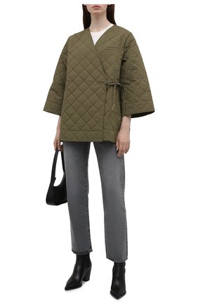 Женская стеганая куртка GANNI хаки цвета, арт. F6098 | Фото 2 (Длина (верхняя одежда): Короткие; Материал внешний: Хлопок; Материал подклада: Хлопок; Рукава: 3/4; Стили: Кэжуэл; Кросс-КТ: Куртка)