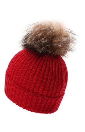 Детского шерстяная шапка с мехом MONCLER красного цвета по цене 15300 руб., арт. G2-954-3B711-10-04S01 | Фото 2 Детского шерстяная шапка с мехом MONCLER красного цвета, арт. G2-954-3B711-10-04S01 | Фото 2 (Материал: Шерсть)