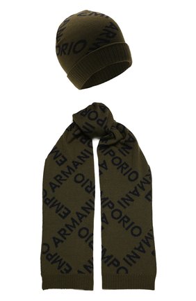 Детский комплект из шапки и шарфа EMPORIO ARMANI хаки цвета, арт. 407513/1A765 | Фото 1 (Материал: Шерсть, Текстиль)