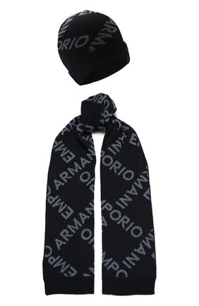 Детский комплект из шапки и шарфа EMPORIO ARMANI синего цвета по цене 17950 руб., арт. 407513/1A765 | Фото 1 Детский комплект из шапки и шарфа EMPORIO ARMANI синего цвета, арт. 407513/1A765 | Фото 1