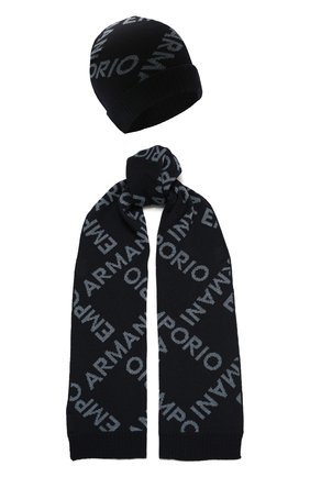 Детский комплект из шапки и шарфа EMPORIO ARMANI синего цвета, арт. 407513/1A765 | Фото 1 (Материал: Шерсть, Текстиль)