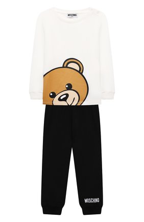 Детский комплект из лонгслива и джоггеров MOSCHINO черно-белого цвета по цене 8790 руб., арт. MPK02F/LBA12 | Фото 1 Детский комплект из лонгслива и джоггеров MOSCHINO черно-белого цвета, арт. MPK02F/LBA12 | Фото 1 (Рукава: Длинные; Материал внешний: Хлопок; Ростовка одежда: 12 мес | 80 см, 18 мес | 86 см, 24 мес | 92 см, 36 мес | 98 см)