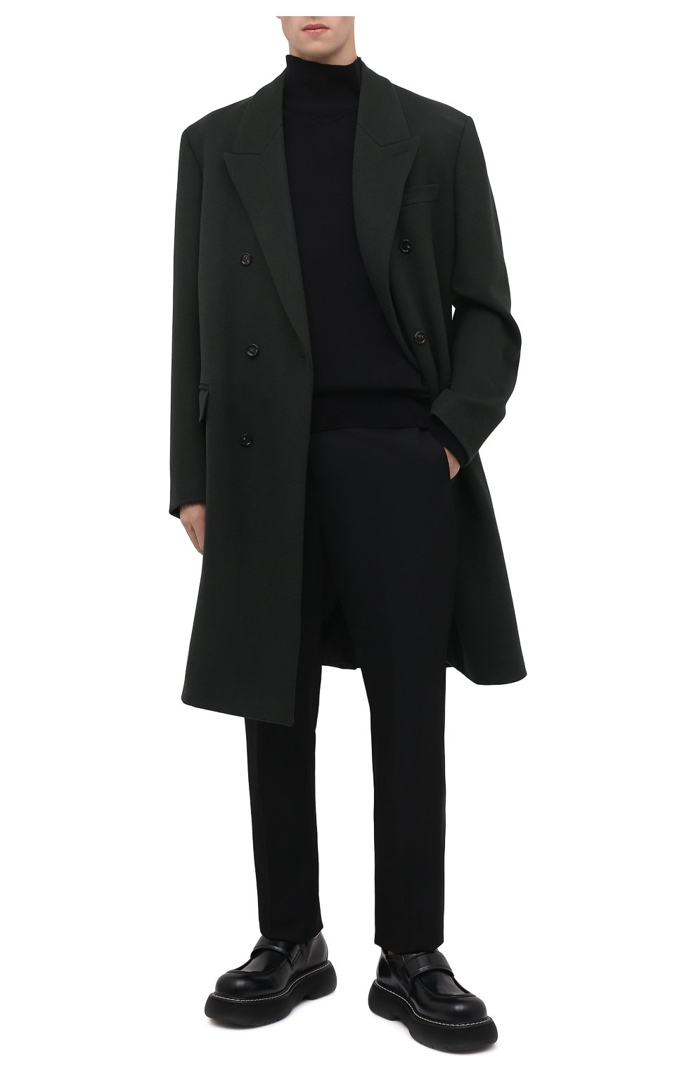 Мужской шерстяное пальто BOTTEGA VENETA темно-зеленого цвета, арт. 664463/VKUU0 | Фото 2 (Материал внешний: Шерсть; Рукава: Длинные; Длина (верхняя одежда): До колена; Материал подклада: Вискоза; Мужское Кросс-КТ: пальто-верхняя одежда; Стили: Минимализм)