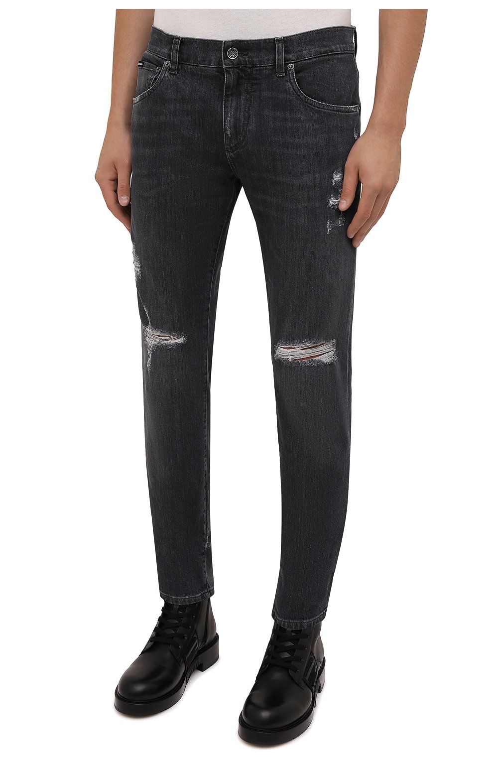 Мужские джинсы DOLCE & GABBANA темно-серого цвета, арт. GY07LD/G8EG4 | Фото 3 (Силуэт М (брюки): Прямые; Кросс-КТ: Деним; Длина (брюки, джинсы): Стандартные; Стили: Гранж; Материал внешний: Хлопок; Детали: Потертости)