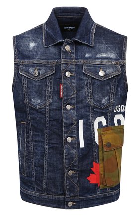 Мужской джинсовый жилет DSQUARED2 темно-синего цвета, арт. S79FB0004/S30342 | Фото 1 (Материал внешний: Хлопок, Деним; Длина (верхняя одежда): Короткие; Кросс-КТ: Деним; Стили: Гранж)