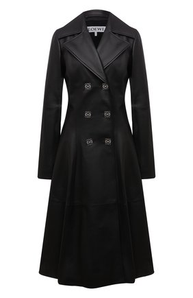 Женское кожаное пальто LOEWE черного цвета по цене 620500 руб., арт. S359Y18L08 | Фото 1 Женское кожаное пальто LOEWE черного цвета, арт. S359Y18L08 | Фото 1 (Длина (верхняя одежда): Длинные; Материал подклада: Хлопок; Рукава: Длинные; 1-2-бортные: Двубортные; Стили: Кэжуэл; Женское Кросс-КТ: Замша и кожа; Материал внешний: Натуральная кожа)
