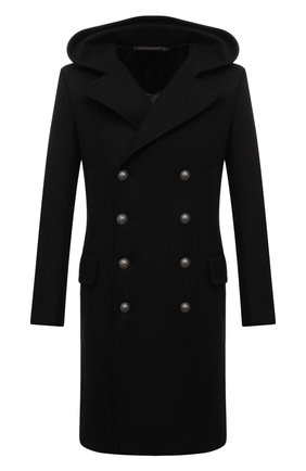 Мужской пальто из шерсти и кашемира BALMAIN черного цвета, арт. WH1UB001/T158 | Фото 1 (Материал подклада: Синтетический материал; Рукава: Длинные; Материал внешний: Шерсть; Длина (верхняя одежда): До колена; Стили: Кэжуэл; Мужское Кросс-КТ: пальто-верхняя одежда)