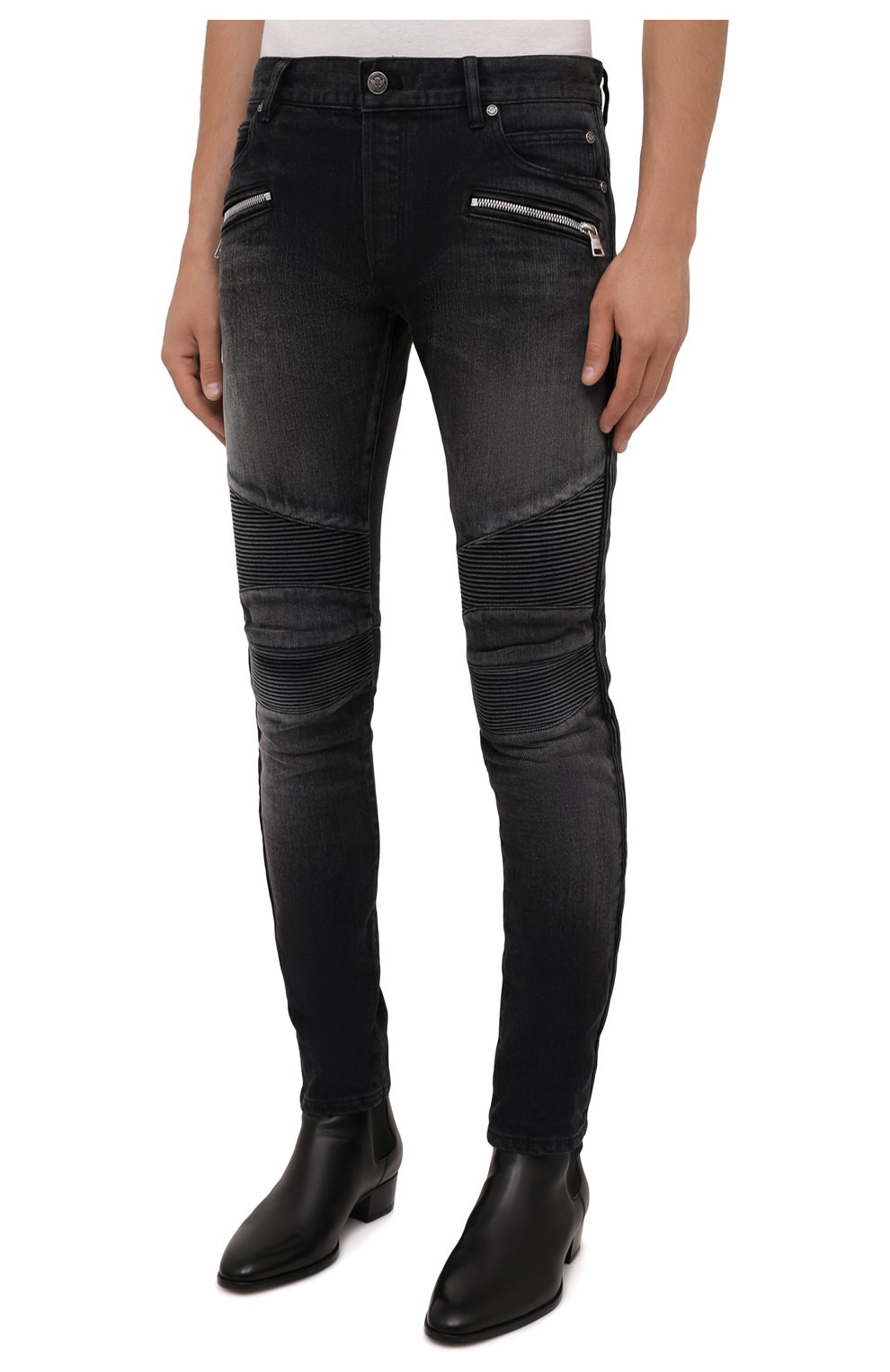 Мужские джинсы BALMAIN темно-серого цвета, арт. WH1MG030/146D | Фото 3 (Силуэт М (брюки): Узкие; Кросс-КТ: Деним; Длина (брюки, джинсы): Стандартные; Стили: Панк; Материал внешний: Хлопок, Деним; Детали: Потертости)