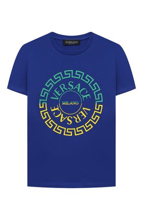 Детская хлопковая футболка VERSACE синего цвета по цене 9440 руб., арт. 1000129/1A01382/4A-6A | Фото 1 Детская хлопковая футболка VERSACE синего цвета, арт. 1000129/1A01382/4A-6A | Фото 1