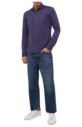 Мужская хлопковая рубашка ETON фиолетового цвета, арт. 1000 03093 | Фото 2 (Материал внешний: Хлопок; Рукава: Длинные; Случай: Повседневный; Воротник: Акула; Стили: Кэжуэл; Принт: Однотонные; Манжеты: На пуговицах; Длина (для топов): Стандартные)