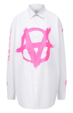 Женская хлопковая рубашка VETEMENTS белого цвета по цене 73950 руб., арт. UA52SH550P 1003/W | Фото 1 Женская хлопковая рубашка VETEMENTS белого цвета, арт. UA52SH550P 1003/W | Фото 1 (Длина (для топов): Удлиненные; Рукава: Длинные; Материал внешний: Хлопок; Стили: Гламурный; Принт: С принтом; Женское Кросс-КТ: Рубашка-одежда)