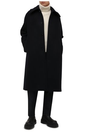 Мужской шерстяное пальто JIL SANDER темно-синего цвета, арт. JSMT431001-MT200500 | Фото 2 (Материал внешний: Шерсть; Материал подклада: Вискоза; Мужское Кросс-КТ: пальто-верхняя одежда; Рукава: Длинные; Длина (верхняя одежда): Длинные; Стили: Минимализм, Классический)