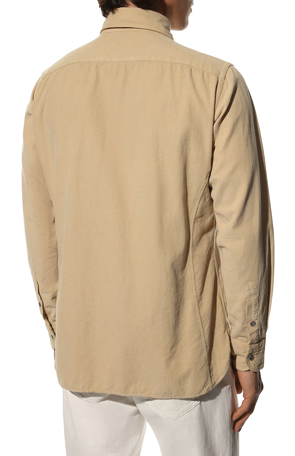 Мужская хлопковая рубашка TOM FORD бежевого цвета, арт. 2FT499/94UMMI | Фото 4 (Воротник: Кент; Рукава: Длинные; Манжеты: На кнопках; Случай: Повседневный; Длина (для топов): Стандартные; Рубашки М: Slim Fit; Материал внешний: Хлопок; Принт: Однотонные; Стили: Кэжуэл)