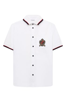 Детская хлопковая рубашка DOLCE & GABBANA белого цвета по цене 21750 руб., арт. L43S43/G7BHT/8-14 | Фото 1 Детская хлопковая рубашка DOLCE & GABBANA белого цвета, арт. L43S43/G7BHT/8-14 | Фото 1 (Рукава: Короткие; Материал внешний: Хлопок; Стили: Классический; Ростовка одежда: 10 - 11 лет | 140 - 146см, 12 лет | 152 см, 8 лет | 128 см)