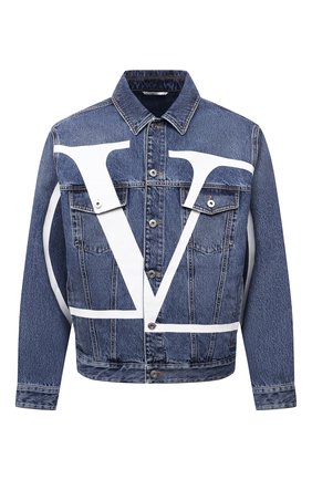 Мужская джинсовая куртка VALENTINO синего цвета, арт. WV3DC01J7L0 | Фото 1 (Материал внешний: Хлопок, Деним; Кросс-КТ: Куртка, Деним; Длина (верхняя одежда): Короткие; Рукава: Длинные)