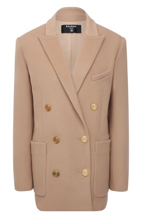 Женский шерстяной жакет BALMAIN бежевого цвета по цене 240500 руб., арт. WF1SH010/W006 | Фото 1 Женский шерстяной жакет BALMAIN бежевого цвета, арт. WF1SH010/W006 | Фото 1 (Длина (для топов): Удлиненные; Материал подклада: Вискоза; Материал внешний: Шерсть; Рукава: Длинные; Женское Кросс-КТ: Жакет-одежда; 1-2-бортные: Двубортные; Случай: Повседневный; Стили: Кэжуэл)