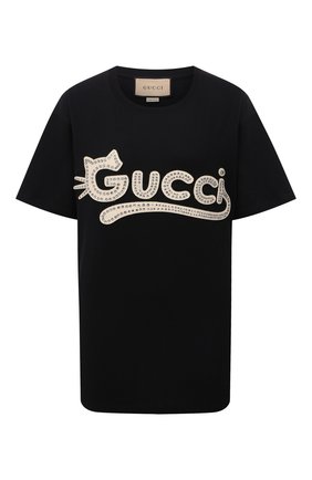 Женская хлопковая футболка GUCCI черного цвета по цене 74600 руб., арт. 615044/XJDGW | Фото 1 Женская хлопковая футболка GUCCI черного цвета, арт. 615044/XJDGW | Фото 1 (Рукава: Короткие; Длина (для топов): Удлиненные; Материал внешний: Хлопок; Женское Кросс-КТ: Футболка-одежда; Принт: С принтом; Стили: Гламурный)