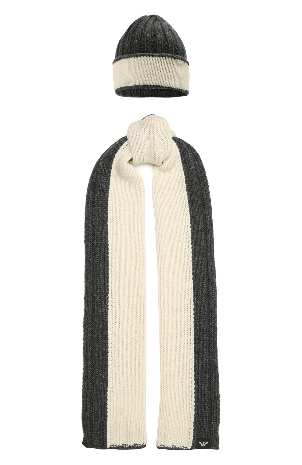 Детский комплект из шапки и шарфа EMPORIO ARMANI серого цвета, арт. 407515/1A767 | Фото 1 (Материал: Текстиль, Шерсть, Вискоза)
