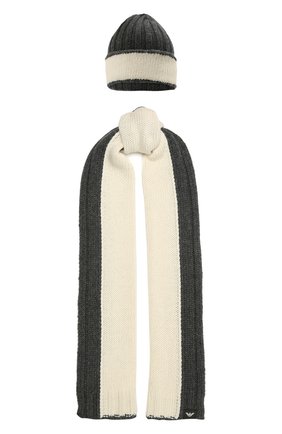 Детский комплект из шапки и шарфа EMPORIO ARMANI серого цвета по цене 22200 руб., арт. 407515/1A767 | Фото 1 Детский комплект из шапки и шарфа EMPORIO ARMANI серого цвета, арт. 407515/1A767 | Фото 1