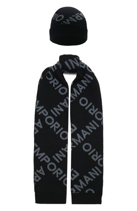 Детский комплект из шапки и шарфа EMPORIO ARMANI синего цвета по цене 15450 руб., арт. 407312/1A712 | Фото 1 Детский комплект из шапки и шарфа EMPORIO ARMANI синего цвета, арт. 407312/1A712 | Фото 1