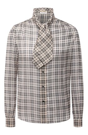 Женская шелковая блузка SAINT LAURENT бежевого цвета по цене 104500 руб., арт. 660885/Y6A98 | Фото 1 Женская шелковая блузка SAINT LAURENT бежевого цвета, арт. 660885/Y6A98 | Фото 1 (Длина (для топов): Стандартные; Рукава: Длинные; Материал внешний: Шелк; Стили: Гламурный; Принт: Клетка; Женское Кросс-КТ: Блуза-одежда)