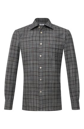 Мужская рубашка из шерсти и шелка KITON серого цвета по цене 95200 руб., арт. UMCNERK0157A11 | Фото 1 Мужская рубашка из шерсти и шелка KITON серого цвета, арт. UMCNERK0157A11 | Фото 1 (Рукава: Длинные; Длина (для топов): Стандартные; Материал внешний: Шерсть; Случай: Повседневный; Принт: Клетка; Стили: Кэжуэл; Воротник: Акула; Рубашки М: Slim Fit; Манжеты: На пуговицах)