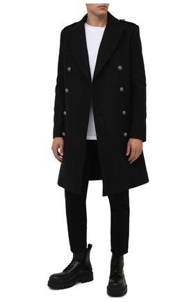 Мужской шерстяное пальто BALMAIN черного цвета, арт. WH1UB000/W115 | Фото 2 (Материал внешний: Шерсть; Материал подклада: Синтетический материал; Мужское Кросс-КТ: пальто-верхняя одежда; Стили: Кэжуэл; Длина (верхняя одежда): До колена; Рукава: Длинные)
