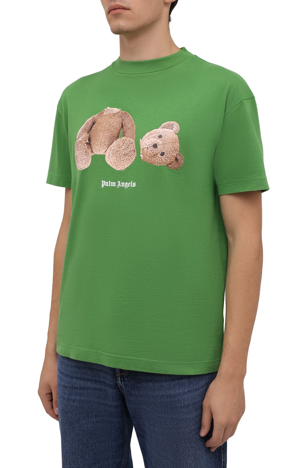 Мужская хлопковая футболка PALM ANGELS зеленого цвета, арт. PMAA001F21JER0235560 | Фото 3 (Рукава: Короткие; Длина (для топов): Стандартные; Принт: С принтом; Материал внешний: Хлопок)